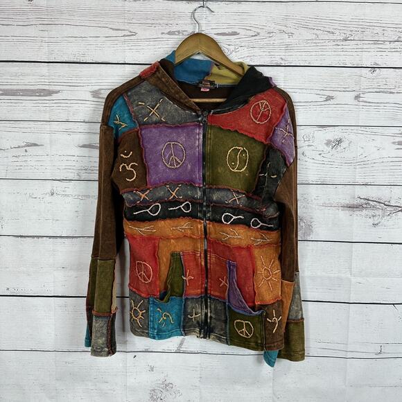 Rising International Sweatshirt Womens Medium Zip Artisan Patchwork South West - Picture 1 of 12